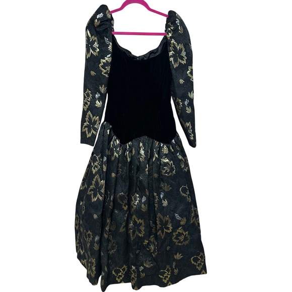 Vintage Victor Costa Floral Brocade Velvet Party Dress Puff Sleeve Made In USA‎
